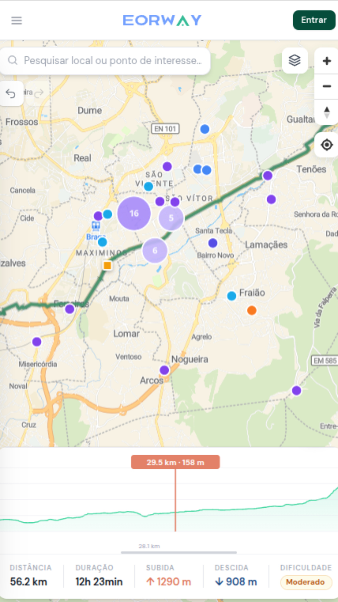 EorWay app — rota com POIs e perfil de elevação
